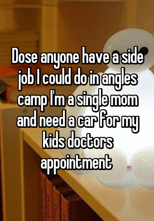 Dose anyone have a side job I could do in angles camp I'm a single mom and need a car for my kids doctors appointment 