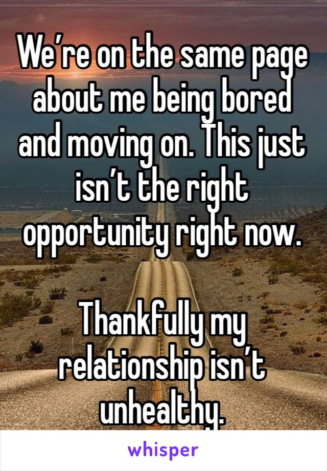 We’re on the same page about me being bored and moving on. This just isn’t the right opportunity right now. 

Thankfully my relationship isn’t unhealthy. 