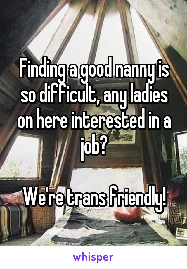 Finding a good nanny is so difficult, any ladies on here interested in a job?

We're trans friendly!