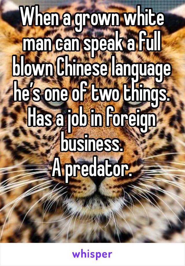 When a grown white man can speak a full blown Chinese language he’s one of two things. 
Has a job in foreign business.
A predator.


