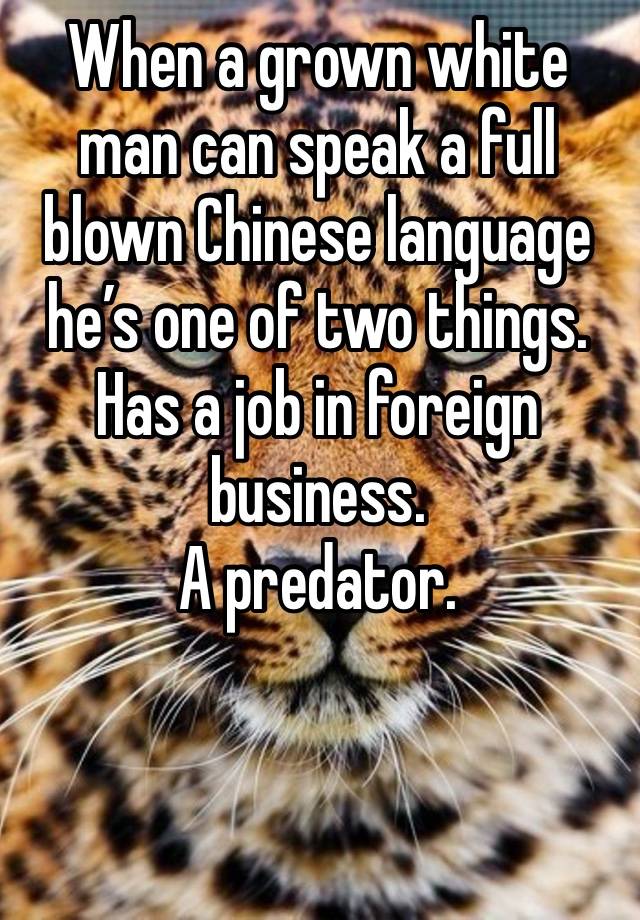 When a grown white man can speak a full blown Chinese language he’s one of two things. 
Has a job in foreign business.
A predator.


