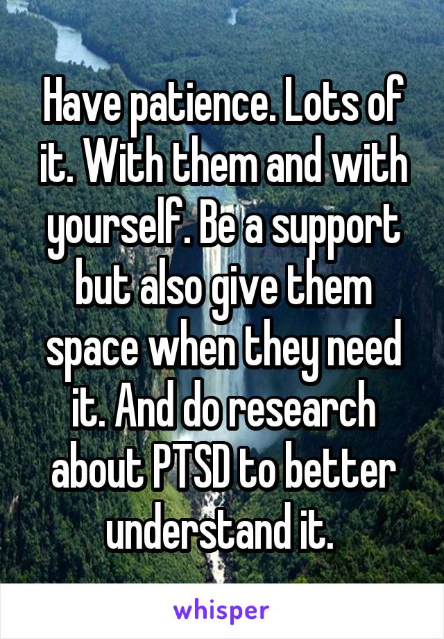 Have patience. Lots of it. With them and with yourself. Be a support but also give them space when they need it. And do research about PTSD to better understand it. 