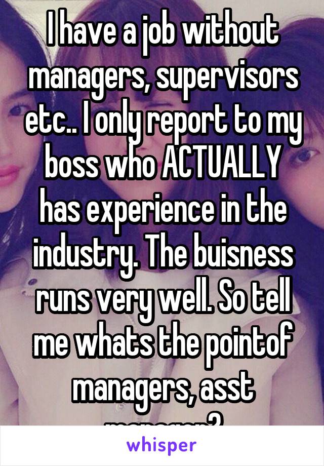 I have a job without managers, supervisors etc.. I only report to my boss who ACTUALLY has experience in the industry. The buisness runs very well. So tell me whats the pointof managers, asst manager?