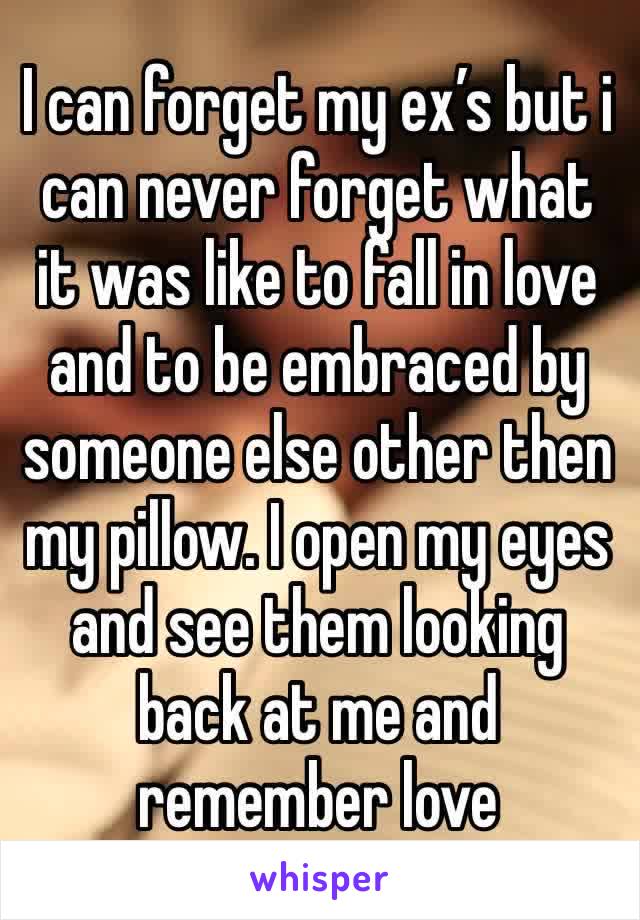 I can forget my ex’s but i can never forget what it was like to fall in love and to be embraced by someone else other then my pillow. I open my eyes and see them looking back at me and remember love