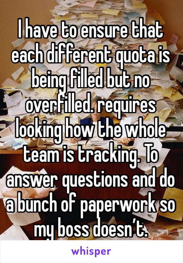 I have to ensure that each different quota is being filled but no overfilled. requires looking how the whole team is tracking. To answer questions and do a bunch of paperwork so my boss doesn’t.