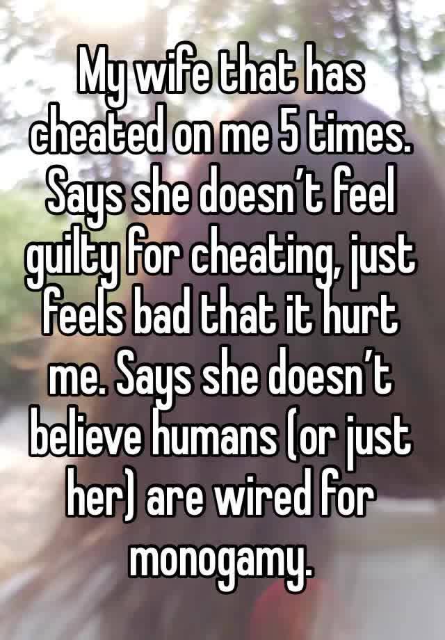 My wife that has cheated on me 5 times. Says she doesn’t feel guilty for cheating, just feels bad that it hurt me. Says she doesn’t believe humans (or just her) are wired for monogamy.