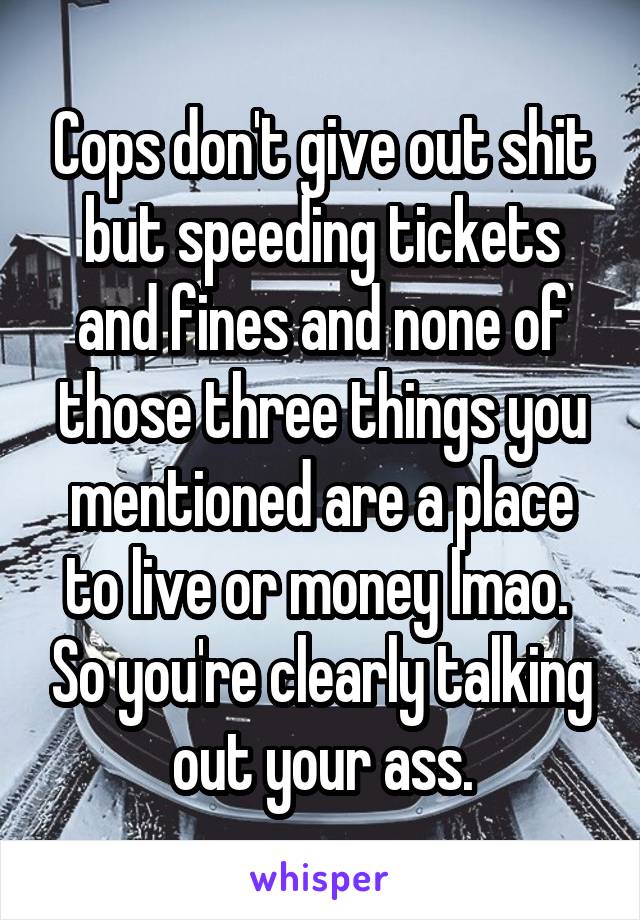 Cops don't give out shit but speeding tickets and fines and none of those three things you mentioned are a place to live or money lmao.  So you're clearly talking out your ass.