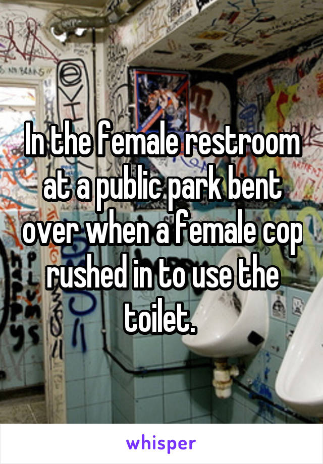 In the female restroom at a public park bent over when a female cop rushed in to use the toilet. 