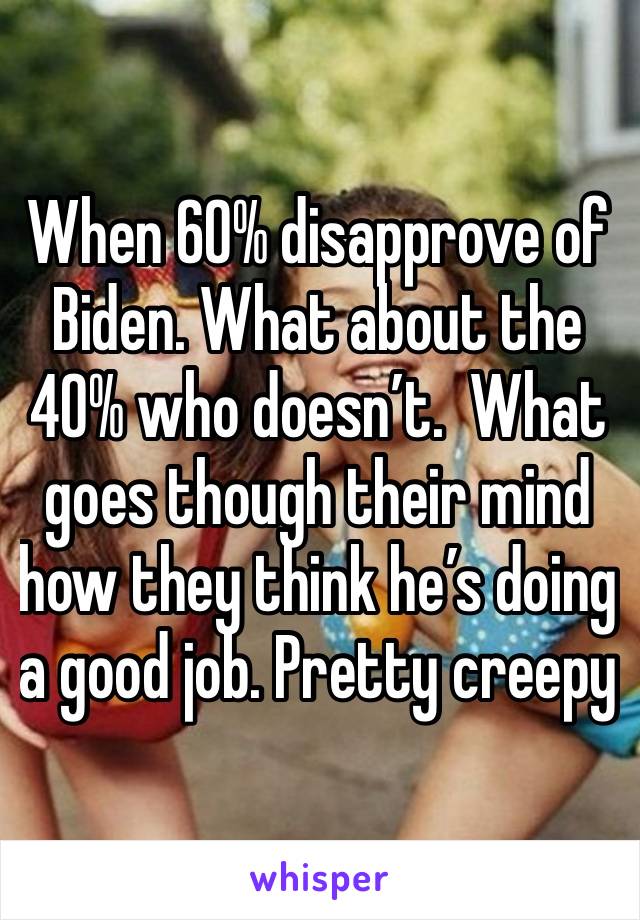 When 60% disapprove of Biden. What about the 40% who doesn’t.  What goes though their mind how they think he’s doing a good job. Pretty creepy 