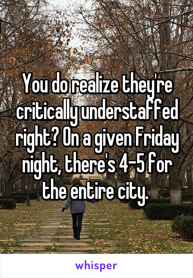 You do realize they're critically understaffed right? On a given Friday night, there's 4-5 for the entire city. 