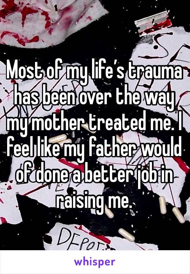 Most of my life’s trauma has been over the way my mother treated me. I feel like my father would of done a better job in raising me. 