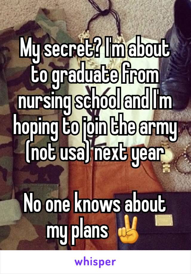 My secret? I'm about to graduate from nursing school and I'm hoping to join the army (not usa) next year

No one knows about my plans ✌️