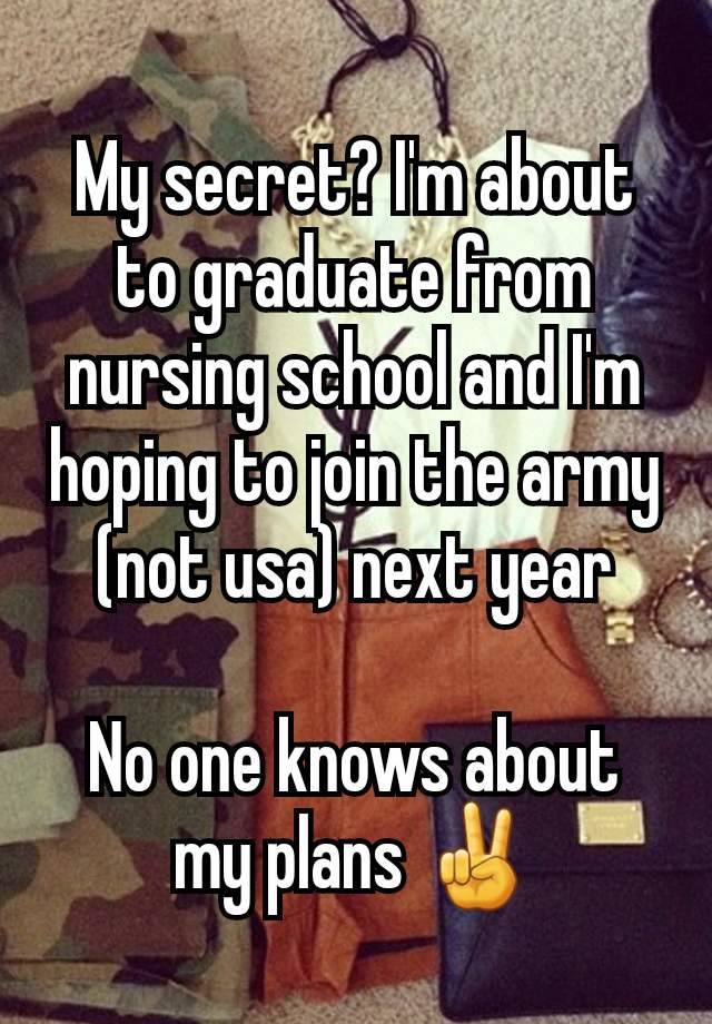 My secret? I'm about to graduate from nursing school and I'm hoping to join the army (not usa) next year

No one knows about my plans ✌️