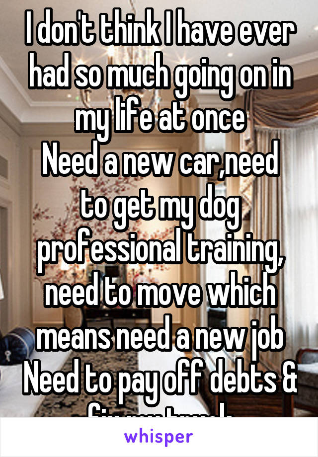 I don't think I have ever had so much going on in my life at once
Need a new car,need to get my dog professional training, need to move which means need a new job Need to pay off debts & fix my truck