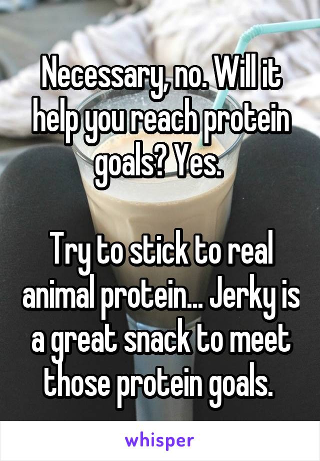 Necessary, no. Will it help you reach protein goals? Yes. 

Try to stick to real animal protein... Jerky is a great snack to meet those protein goals. 