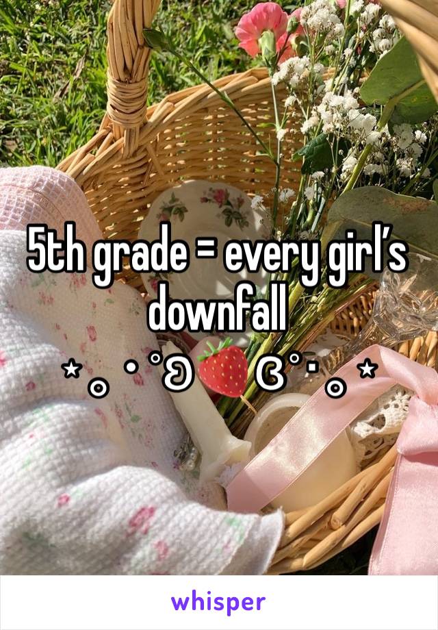 5th grade = every girl’s downfall 
⋆｡‧˚ʚ🍓ɞ˚‧｡⋆