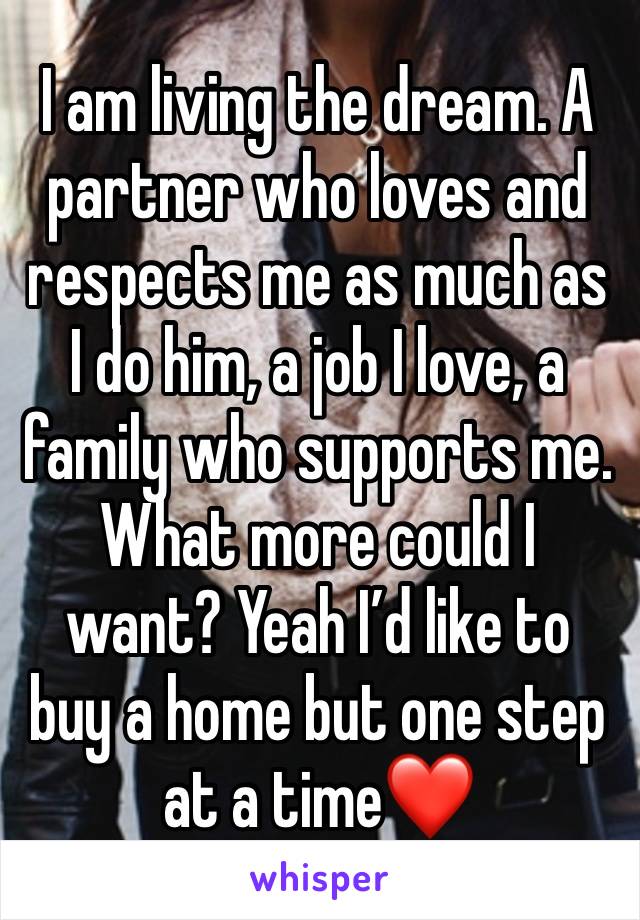 I am living the dream. A partner who loves and respects me as much as I do him, a job I love, a family who supports me. What more could I want? Yeah I’d like to buy a home but one step at a time❤️