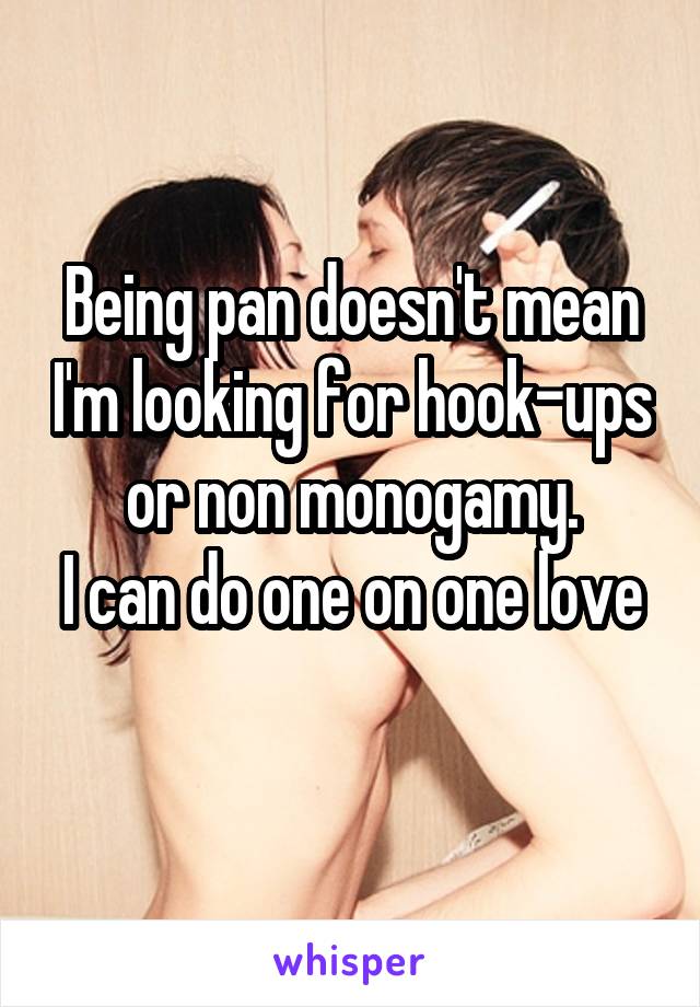 
Being pan doesn't mean I'm looking for hook-ups or non monogamy.
I can do one on one love
