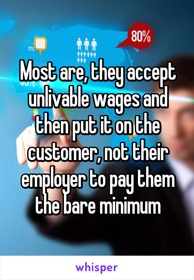 Most are, they accept unlivable wages and then put it on the customer, not their employer to pay them the bare minimum