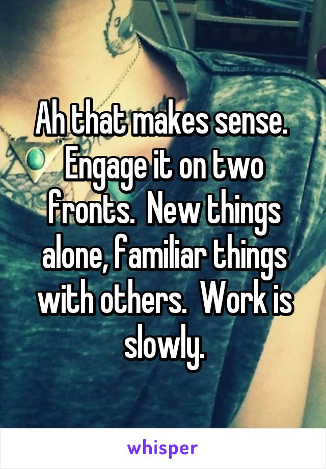 Ah that makes sense.  Engage it on two fronts.  New things alone, familiar things with others.  Work is slowly.