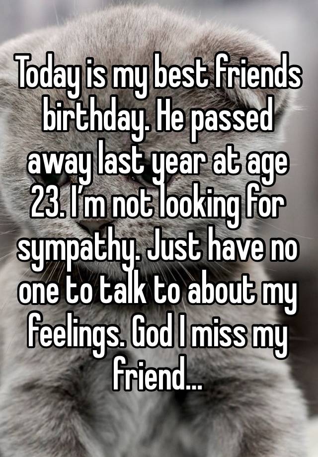 Today is my best friends birthday. He passed away last year at age 23. I’m not looking for sympathy. Just have no one to talk to about my feelings. God I miss my friend…