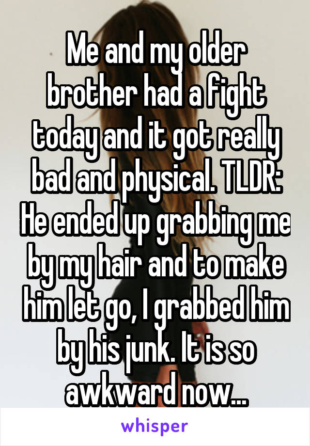 Me and my older brother had a fight today and it got really bad and physical. TLDR: He ended up grabbing me by my hair and to make him let go, I grabbed him by his junk. It is so awkward now...