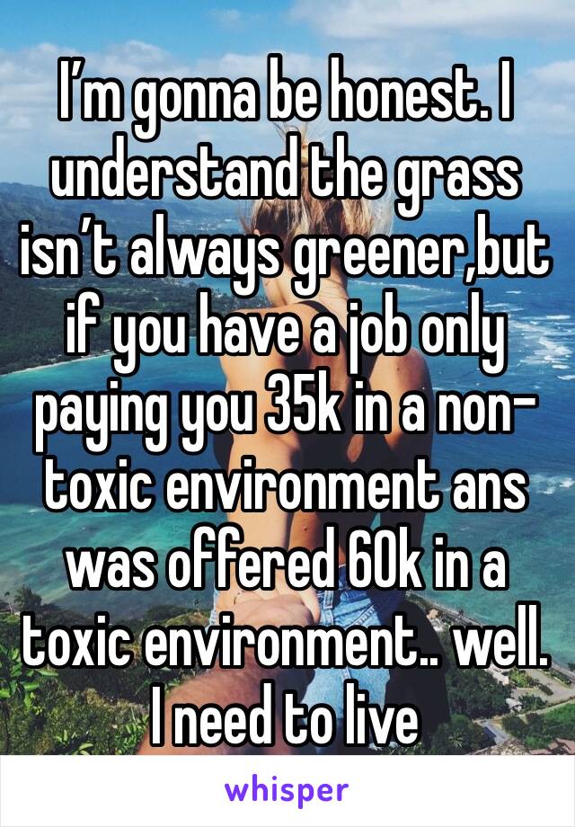 I’m gonna be honest. I understand the grass isn’t always greener,but if you have a job only paying you 35k in a non-toxic environment ans was offered 60k in a toxic environment.. well. I need to live