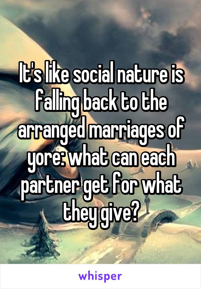 It's like social nature is falling back to the arranged marriages of yore: what can each partner get for what they give?