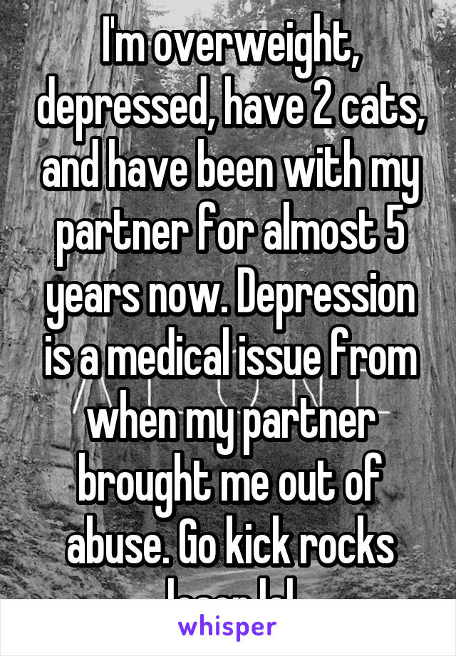 I'm overweight, depressed, have 2 cats, and have been with my partner for almost 5 years now. Depression is a medical issue from when my partner brought me out of abuse. Go kick rocks loser lol