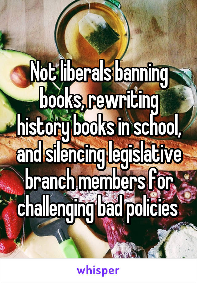 Not liberals banning books, rewriting history books in school, and silencing legislative branch members for challenging bad policies 