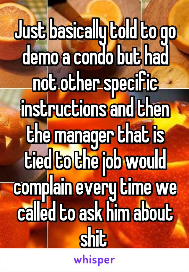 Just basically told to go demo a condo but had not other specific instructions and then the manager that is tied to the job would complain every time we called to ask him about shit 