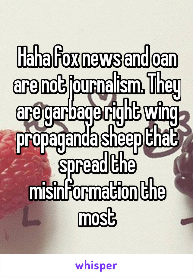 Haha fox news and oan are not journalism. They are garbage right wing propaganda sheep that spread the misinformation the most