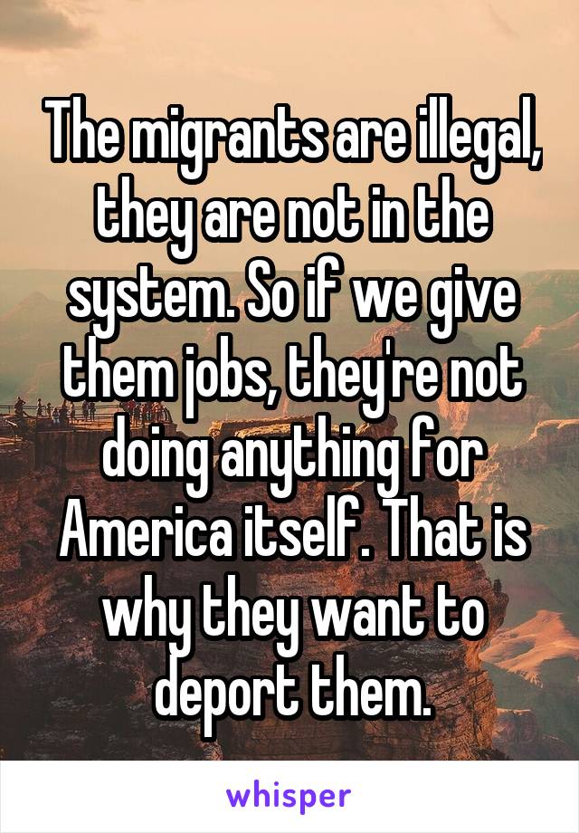 The migrants are illegal, they are not in the system. So if we give them jobs, they're not doing anything for America itself. That is why they want to deport them.