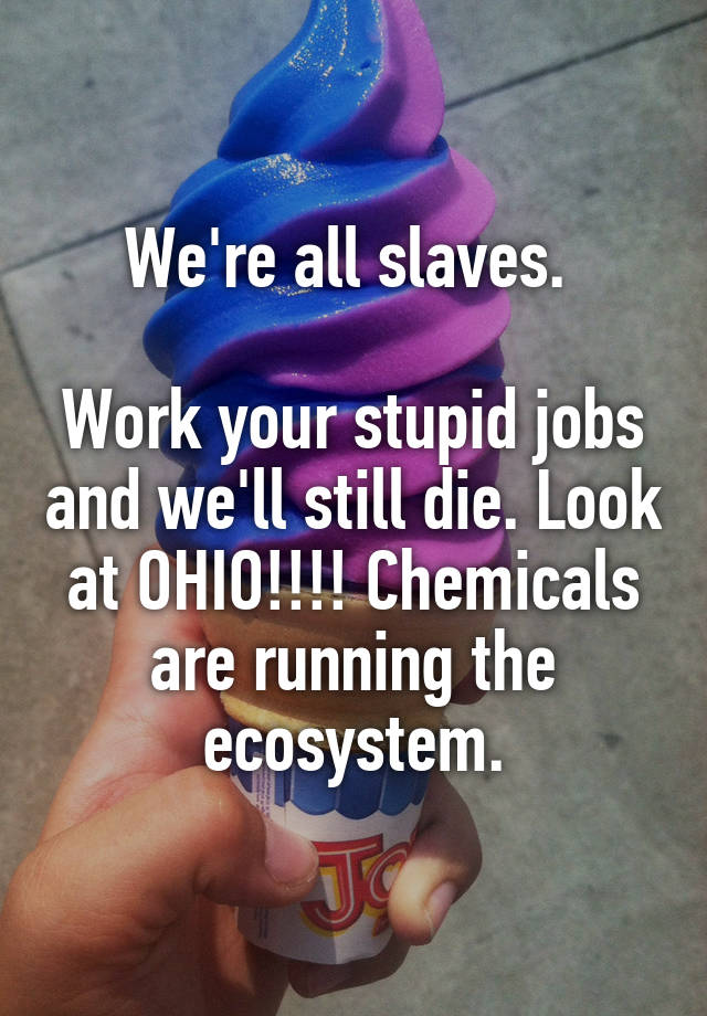 We're all slaves. 

Work your stupid jobs and we'll still die. Look at OHIO!!!! Chemicals are running the ecosystem.