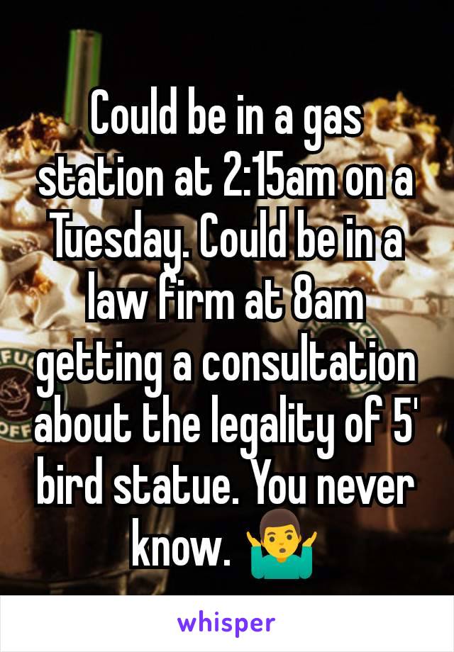 Could be in a gas station at 2:15am on a Tuesday. Could be in a law firm at 8am getting a consultation about the legality of 5' bird statue. You never know. 🤷‍♂️