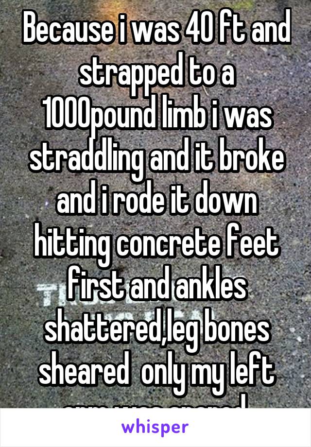 Because i was 40 ft and strapped to a 1000pound limb i was straddling and it broke and i rode it down hitting concrete feet first and ankles shattered,leg bones sheared  only my left arm was spared 