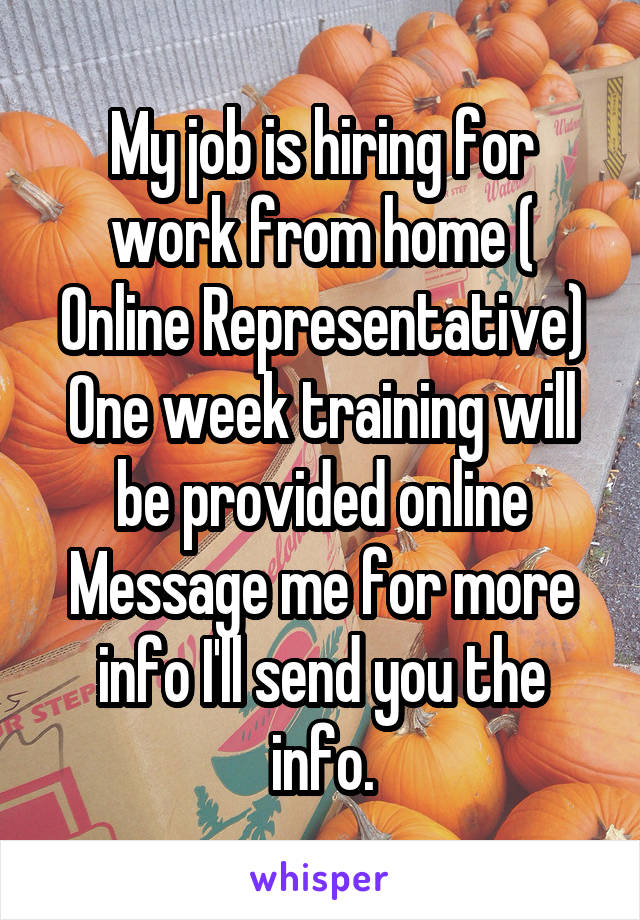 My job is hiring for work from home ( Online Representative) One week training will be provided online Message me for more info I'll send you the info.