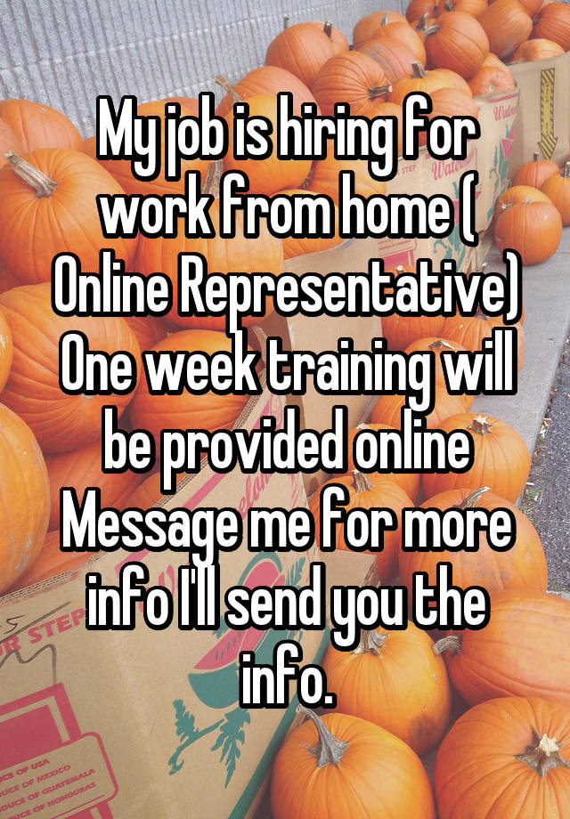 My job is hiring for work from home ( Online Representative) One week training will be provided online Message me for more info I'll send you the info.