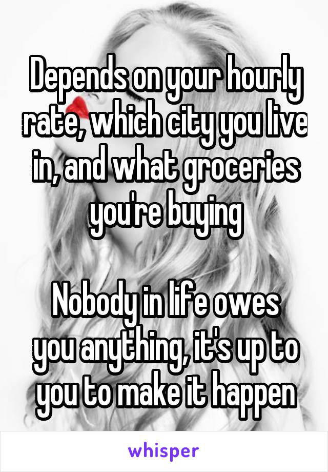 Depends on your hourly rate, which city you live in, and what groceries you're buying

Nobody in life owes you anything, it's up to you to make it happen