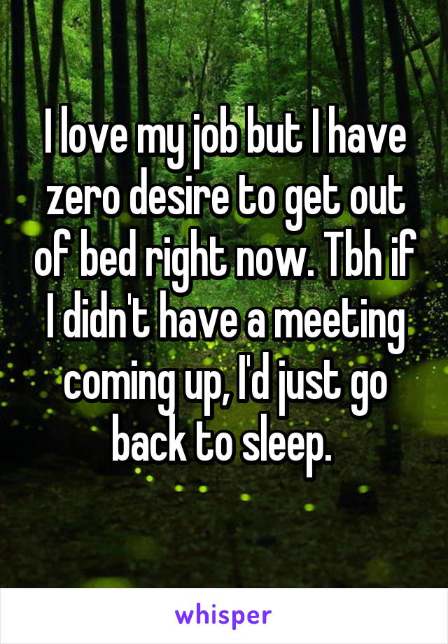 I love my job but I have zero desire to get out of bed right now. Tbh if I didn't have a meeting coming up, I'd just go back to sleep. 
