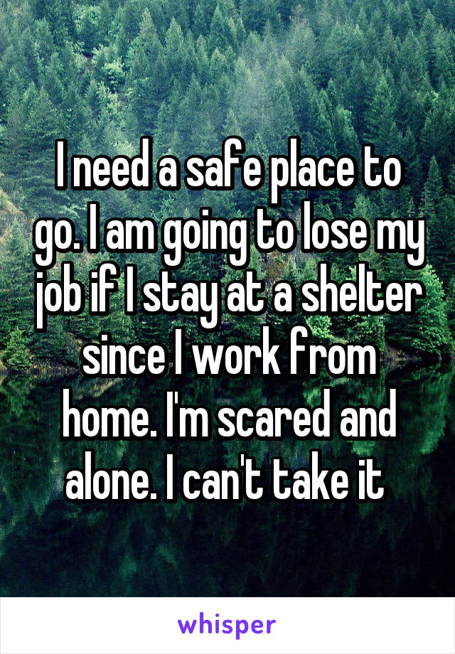 I need a safe place to go. I am going to lose my job if I stay at a shelter since I work from home. I'm scared and alone. I can't take it 