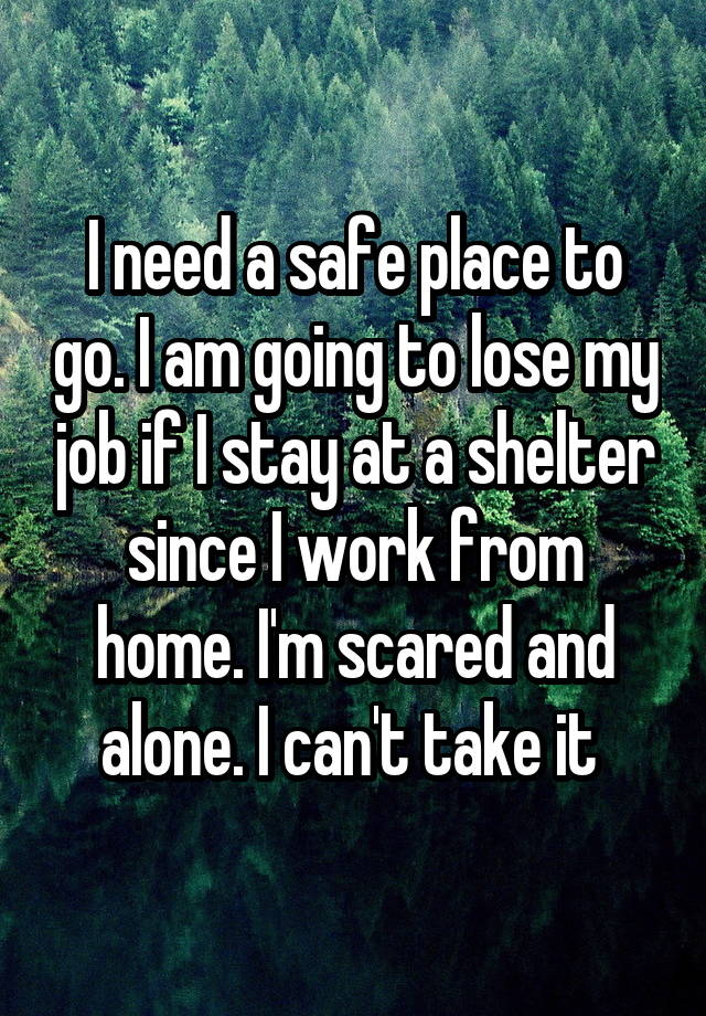 I need a safe place to go. I am going to lose my job if I stay at a shelter since I work from home. I'm scared and alone. I can't take it 