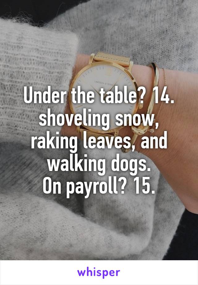 Under the table? 14. shoveling snow, raking leaves, and walking dogs.
On payroll? 15.