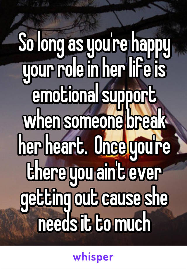 So long as you're happy your role in her life is emotional support when someone break her heart.  Once you're there you ain't ever getting out cause she needs it to much