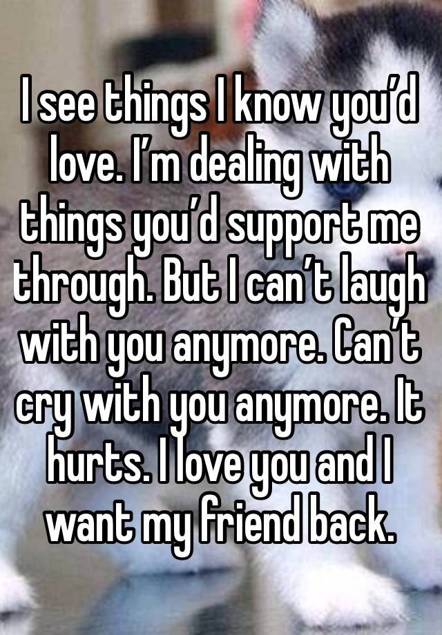 I see things I know you’d love. I’m dealing with things you’d support me through. But I can’t laugh with you anymore. Can’t cry with you anymore. It hurts. I love you and I want my friend back.