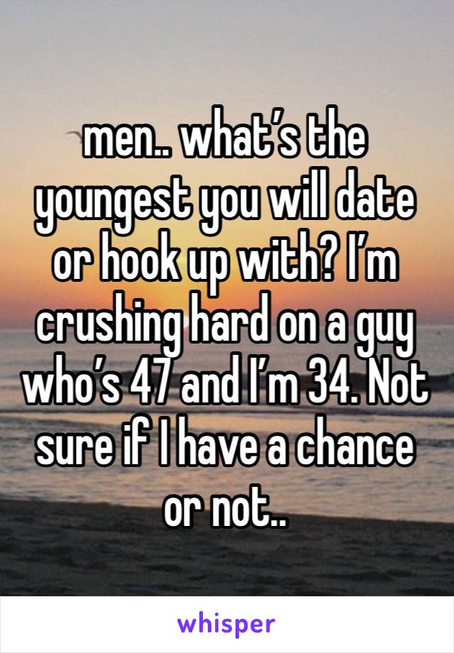 men.. what’s the youngest you will date or hook up with? I’m crushing hard on a guy who’s 47 and I’m 34. Not sure if I have a chance or not..