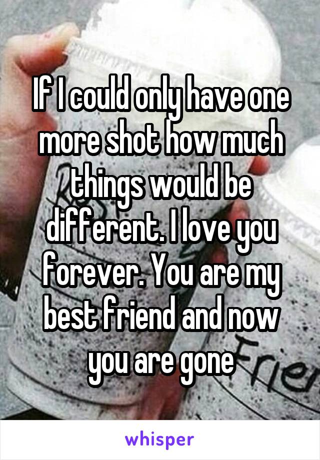 If I could only have one more shot how much things would be different. I love you forever. You are my best friend and now you are gone