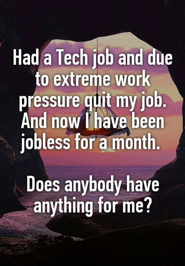 Had a Tech job and due to extreme work pressure quit my job. And now I have been jobless for a month. 

Does anybody have anything for me?