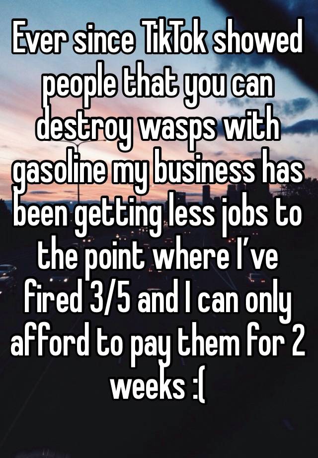 Ever since TikTok showed people that you can destroy wasps with gasoline my business has been getting less jobs to the point where I’ve fired 3/5 and I can only afford to pay them for 2 weeks :(