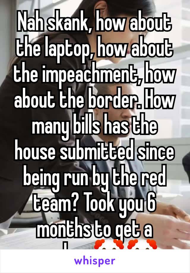 Nah skank, how about the laptop, how about the impeachment, how about the border. How many bills has the house submitted since being run by the red team? Took you 6 months to get a speaker 🤡🤡